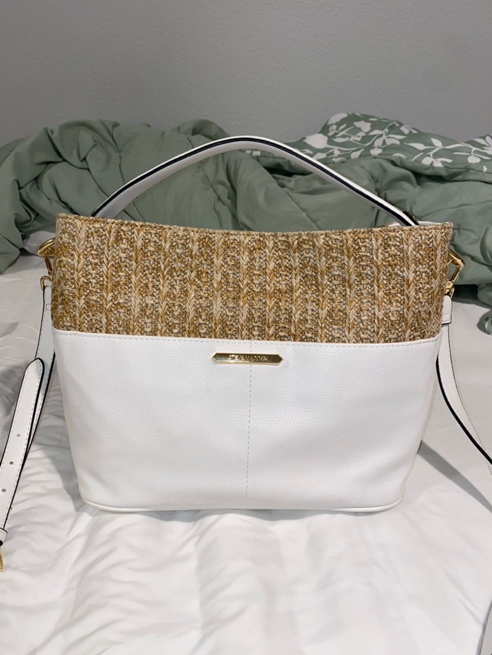 Steve Madden White and Tan Woven-Top Shoulder Bag